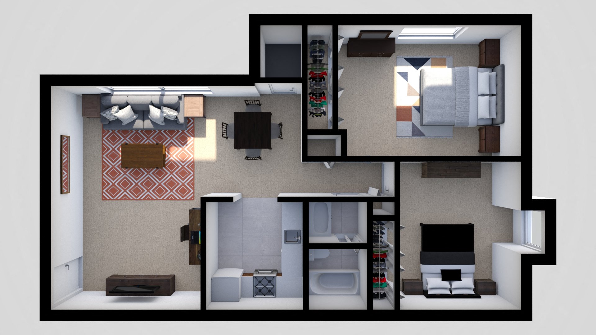 Floor plan for 2 beds, 1 bath, 960 sqft